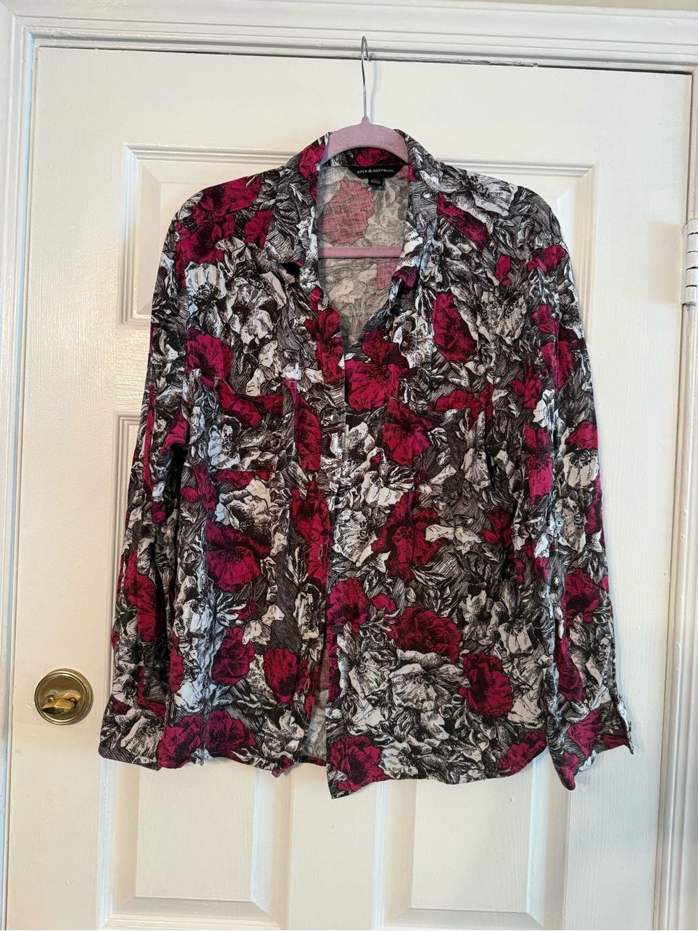 Rock & Republic Floral Button-Down Shirt in Magenta & Black